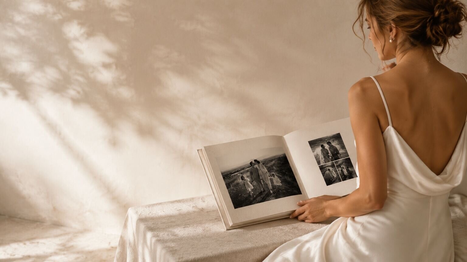 Novia sosteniendo su álbum de fotos Alto Enfoque
